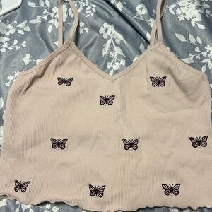light pink ribbed tank top with embroidered butterflies